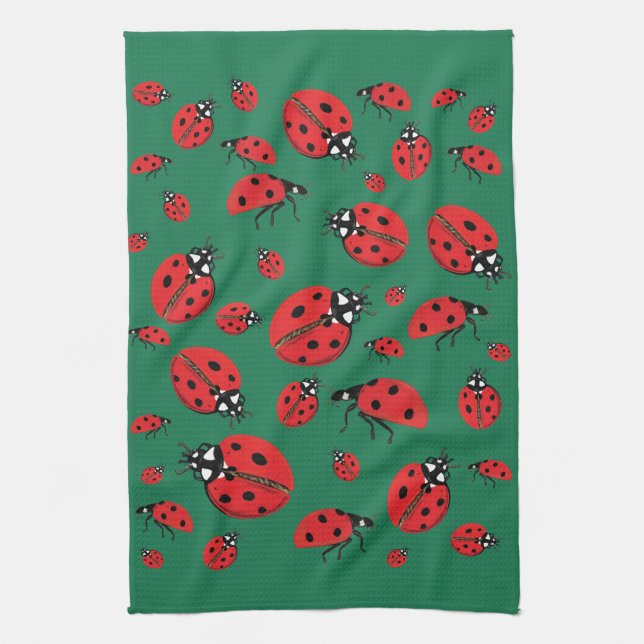 Många Ladybugs Lucky Mönster Grönt Kökshandduk (Vertikal)