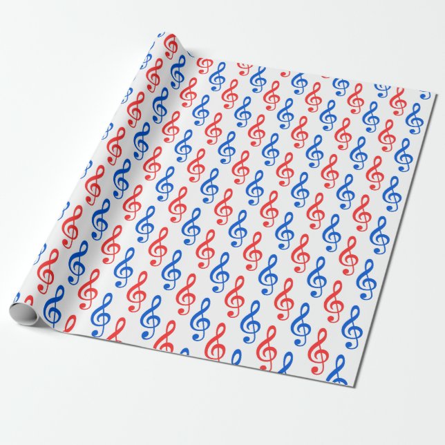 Många musiksymboler för Red och Blue Treble Clef Presentpapper (Utrullad)