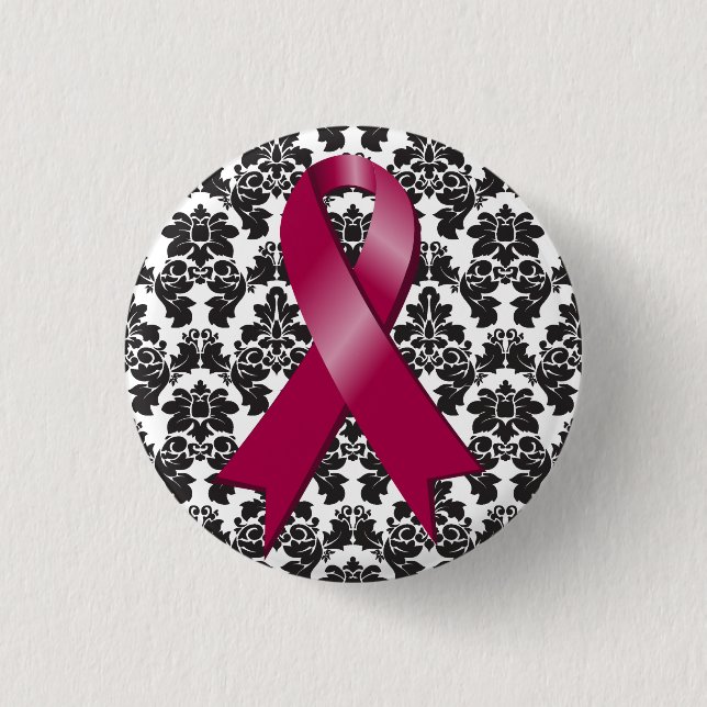 Många Myeloma Damask Burgundy Ribbon Knapp (Framsida)