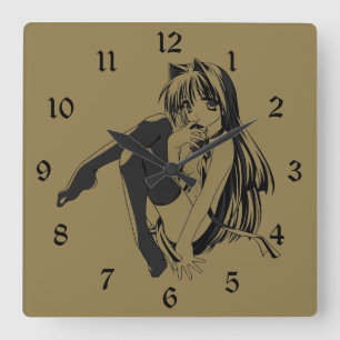 Manga, Neko Catgirl Hårig Kawaii Loli Fyrkantig Klocka