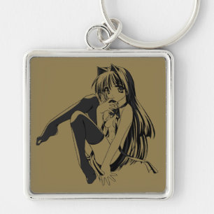 Manga, Neko Catgirl Hårig Kawaii Loli Fyrkantig Silverfärgad Nyckelring
