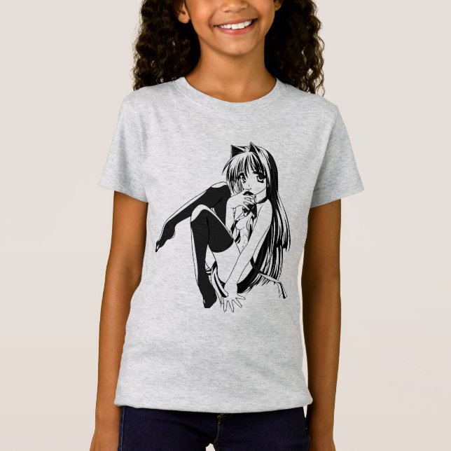 Manga, Neko Catgirl Hårig Kawaii Loli T Shirt (Framsida)