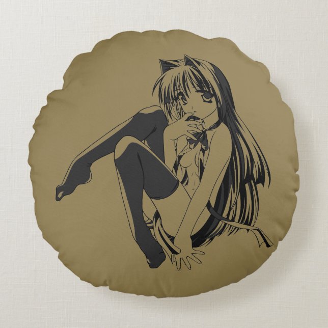 Manga, Neko Kattflicka Furry Kawaii Loli Rund Kudde (Framsidan)