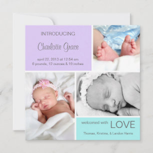 Många Photo Birth Announcement//Lila Aqua Meddelande