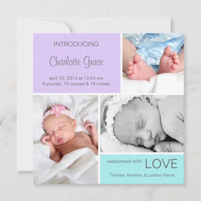 Många Photo Birth Announcement//Lila Aqua Meddelande (Framsida)