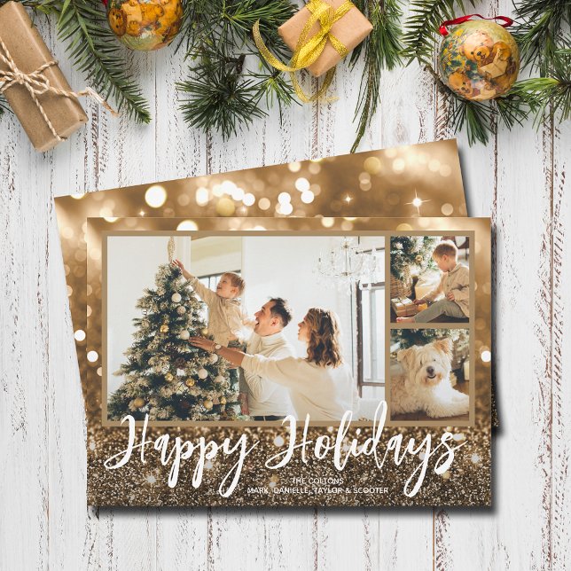 Många Photo Glad helg Gnistra Julkort (Happy Holidays bronze sparkle holiday photo cards)