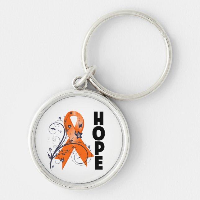 Många Sclerosis Blommigt Hope Ribbon Rund Silverfärgad Nyckelring (Framsidan)