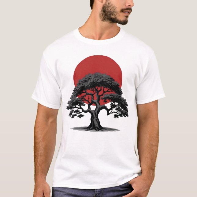 Manga Stil Mörk Träd med Red Sol T-Shirt (Framsida)
