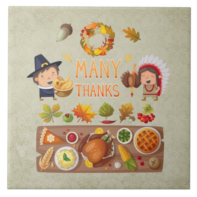 Många tack till Pilgrim och Native Thanksgiving Fe Kakelplatta (Framsidan)
