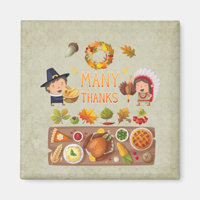 Många tack till Pilgrim och Native Thanksgiving Fe Magnet (Framsidan)