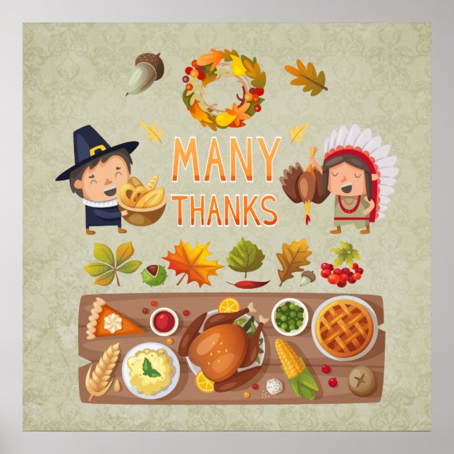 Många tack till Pilgrim och Native Thanksgiving Fe Poster (Framsidan)