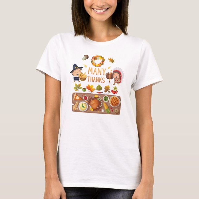 Många tack till Pilgrim och Native Thanksgiving Fe T-shirt (Framsida)