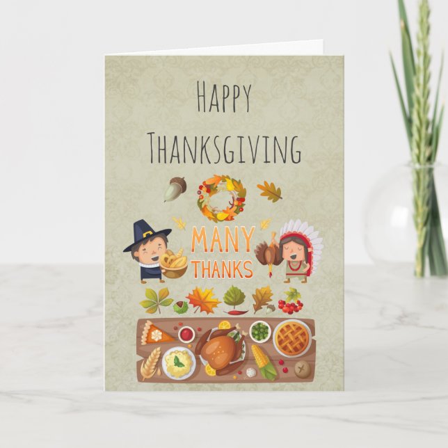 Många Tacksamheter Pilgrim Och Infödd Thanksgiving Helgkort (Framsida)