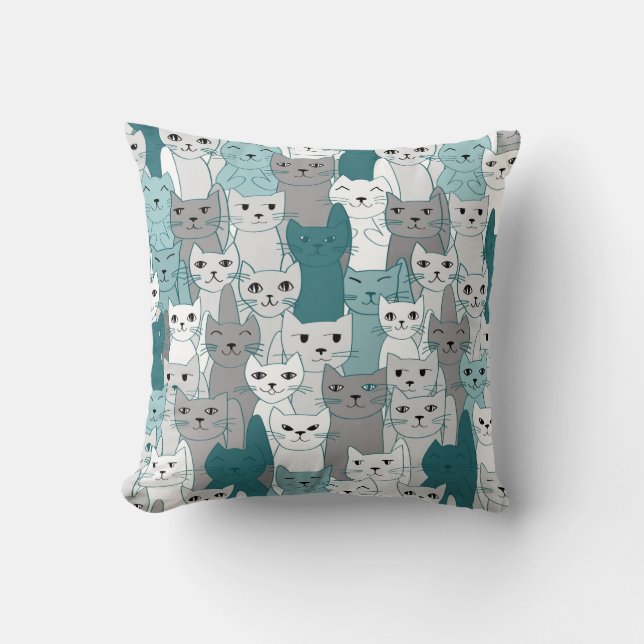 Många Teal Grått White Cats Design Kudde (Framsida)