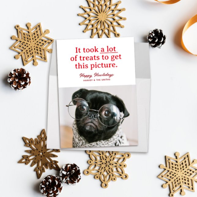 Många Treats Lycklig Howlidays Funny Pet Julkort (Funny pet photo holiday card red text reads "it took a lot of treats to get this picture")
