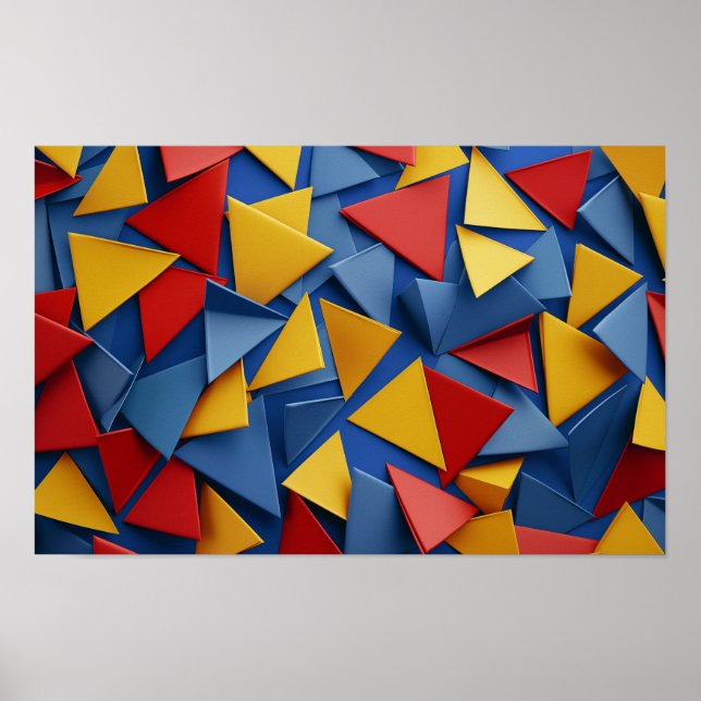 Många trianglar i rött, gult och blått poster (Framsidan)