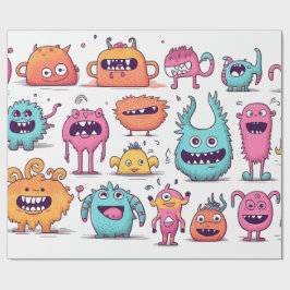 Många vänliga, färgstarka monster på vita presentpapper