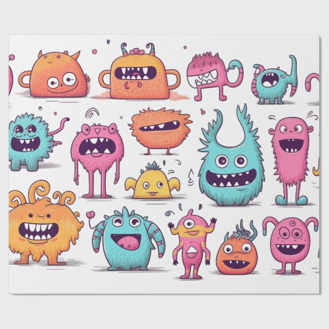 Många vänliga, färgstarka monster på vita presentpapper (Platt)