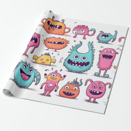 Många vänliga, färgstarka monster på vita presentpapper