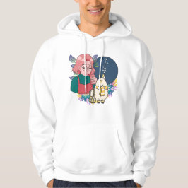 Mangaflicka med kaffe och lama i rullstol hoodie