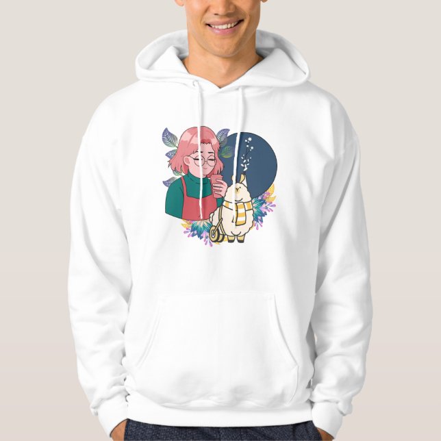 Mangaflicka med kaffe och lama i rullstol hoodie (Framsida)