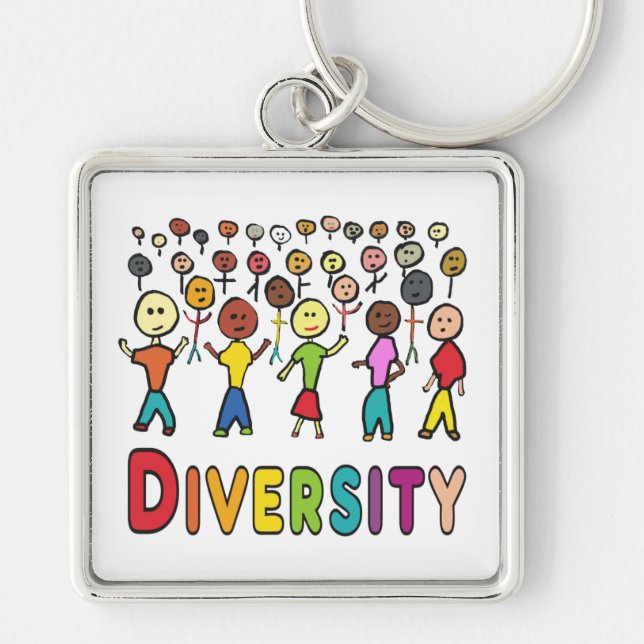 Mångfald Fyrkantig Silverfärgad Nyckelring (Framsidan)