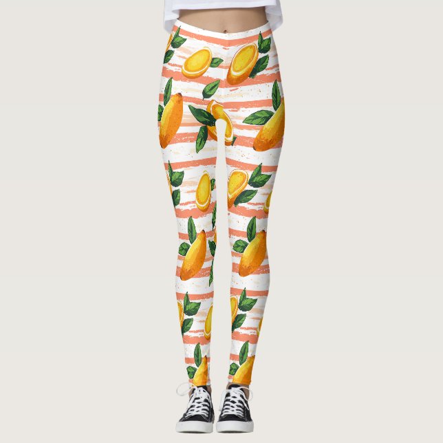 Mango Fruit Mönster med Grönt Löv Leggings (Framsida)