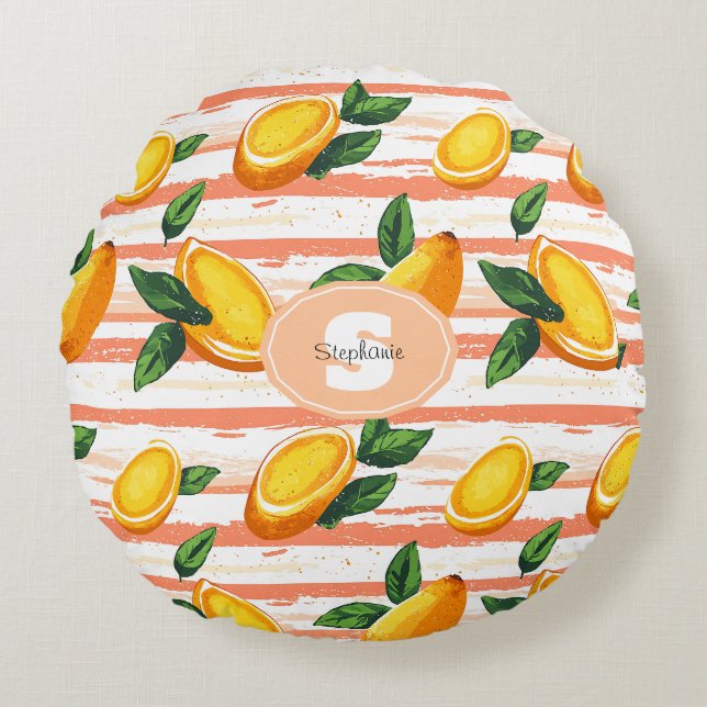 Mango Fruit Mönster med Grönt Löv Rund Kudde (Framsidan)