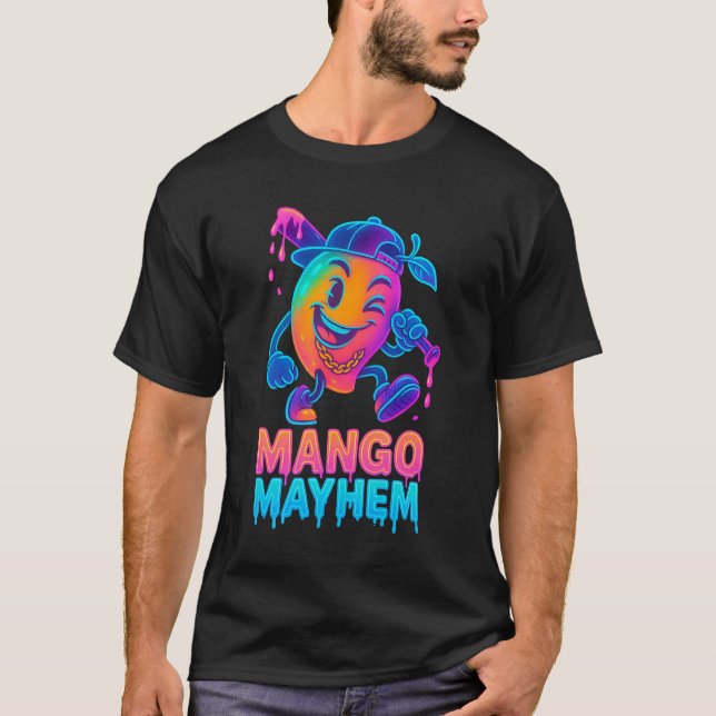 Mango Mayhem – Neon Cartoon Baseball T Shirt (Framsida)