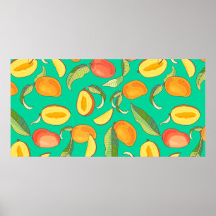 Mango. Sömlös mönster med gult och röd tropik Poster