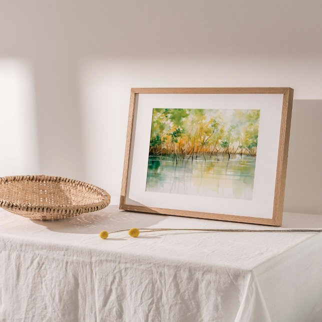 Mangrove Embrace: Vibrant Watercolor Skriv ut Poster (Vibrant mangrove trees in this exquisite watercolor print, showcasing lush green and yellow hues.)