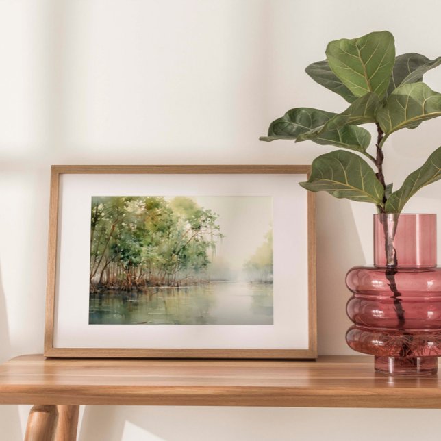 Mangrove Marvel: Vattenfärg på Vibrant Mangroves Poster (Watercolor print depicting the vibrant beauty of coastal mangroves, where lush greenery meets water.)