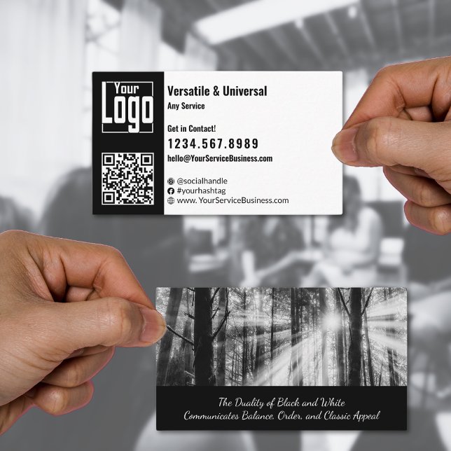 Mångsidigt, svart och vitt liggande visitkort (Versatile Black & White Landscape Business Card, Logo, QR code, Call-to-Action)
