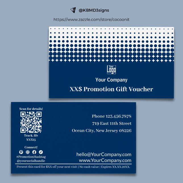 Mångsidigt visitkort för blått gift-kupong i föret (Versatile Business Promo Blue Gift Voucher Card, Logo, QR code, SM Connect, Terms)