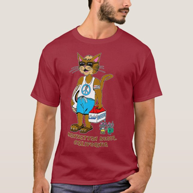 Manhattan Beach CA Funny Cat Life Guard and Mice T Shirt (Framsida)