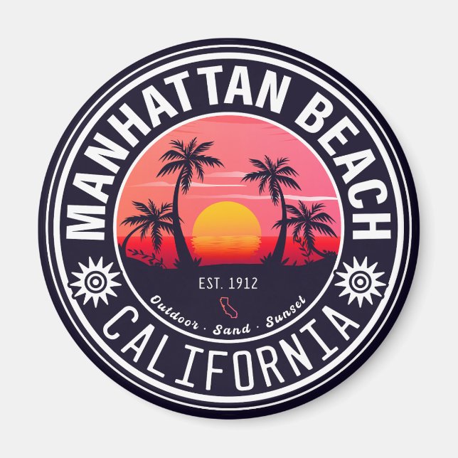Manhattan Beach Ca Retro Sunset Handflatan Träd 60 Magnet (Framsidan)