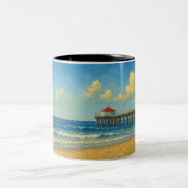 Manhattan Beach Pier med Red Tak Två-Tonad Mugg