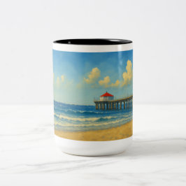 Manhattan Beach Pier med Red Tak Två-Tonad Mugg