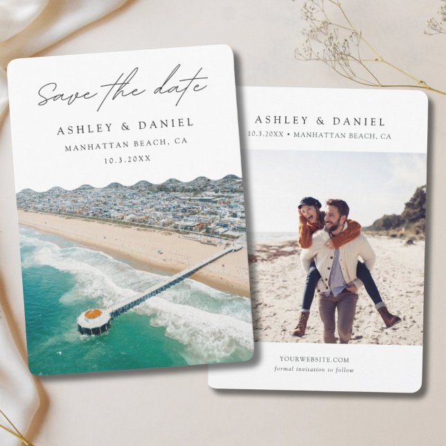 Manhattan Beach Wedding Photo Save Date Inbjudningar (Manhattan Beach Pier Save the Date for Manhattan Beach Wedding Destination)
