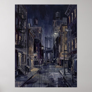 Manhattan Bridge på natten med våt gata Poster