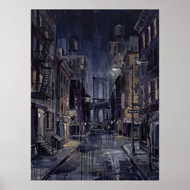 Manhattan Bridge på natten med våt gata Poster (Framsidan)