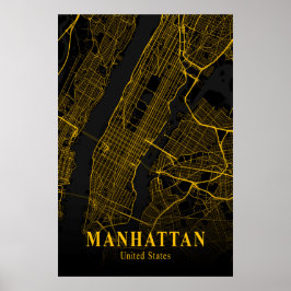 Manhattan City Karta Guld NYC Urban Street Karta U Poster
