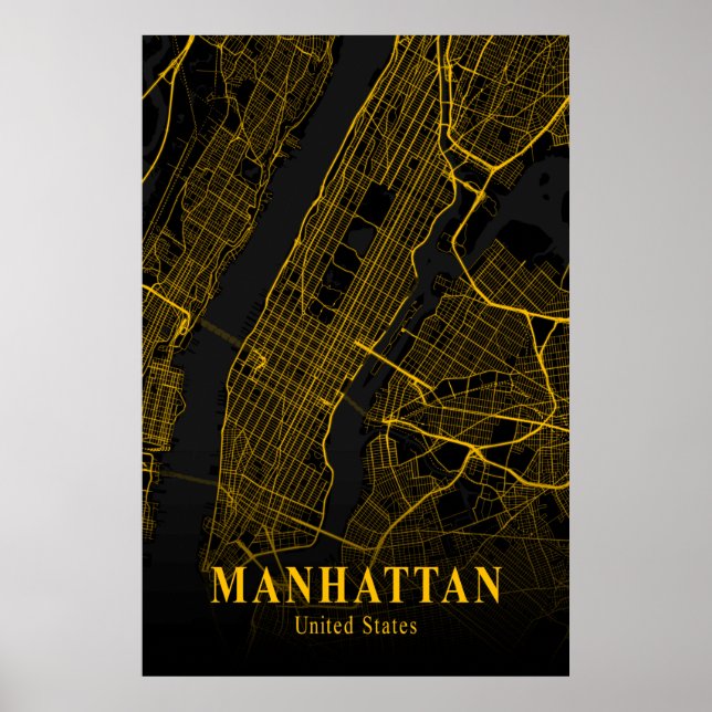 Manhattan City Karta Guld NYC Urban Street Karta U Poster (Framsidan)