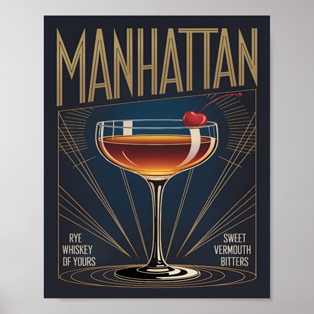 Manhattan Cocktail Art Deco Marinblå Bar Poster (Framsidan)