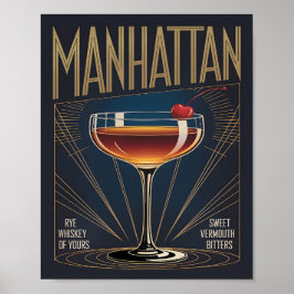 Manhattan Cocktail Art Deco Navy Blue Bar Poster