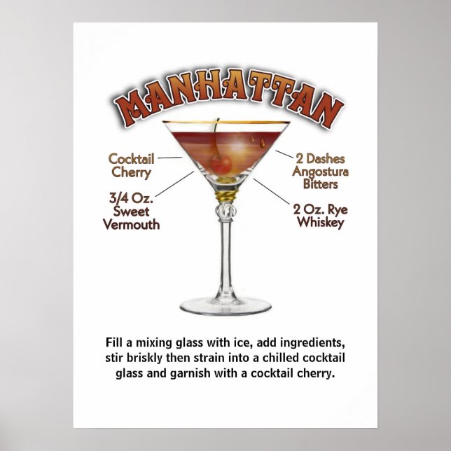 Manhattan Cocktail Recept Konst 18"x24" Tryckt Aff Poster (Framsidan)
