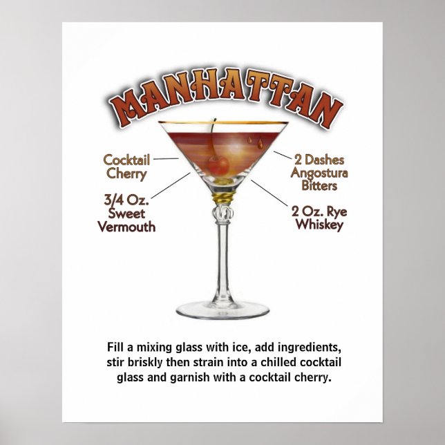 Manhattan Cocktail Recipe Art 16"x20" Skriv ut/ Poster (Framsidan)