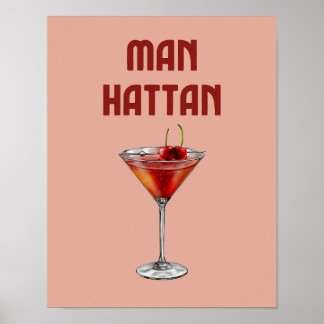Manhattan Cocktail Red Retro Drink Poster