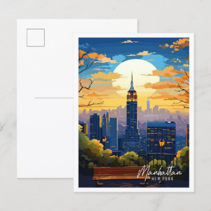 Manhattan New York Art vintage resor illustration Vykort