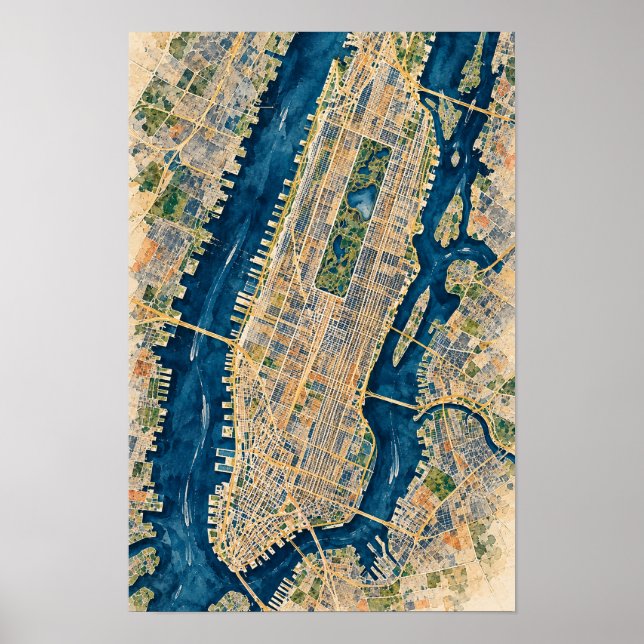 Manhattan New York Flygbild Stadskarta Väggkonst (Framsidan)